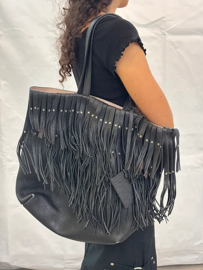 Roberto Cavalli Black Leather Fringe Shoulder Bag Hzazegn 1