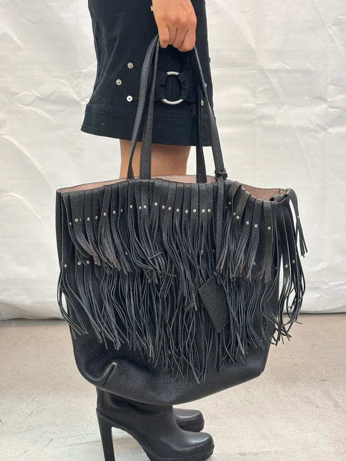 Roberto Cavalli Black Leather Fringe Shoulder Bag Hzazegn 0