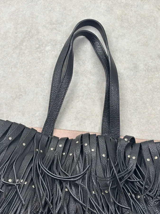 Roberto Cavalli Black Leather Fringe Shoulder Bag Hzazegn 4