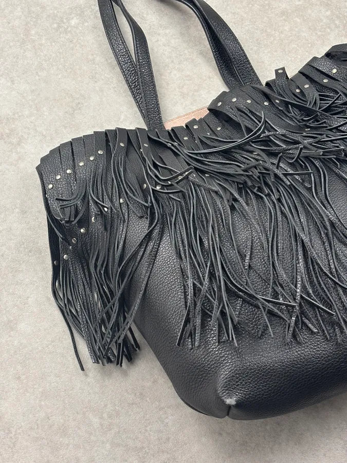 Roberto Cavalli Black Leather Fringe Shoulder Bag Hzazegn 7