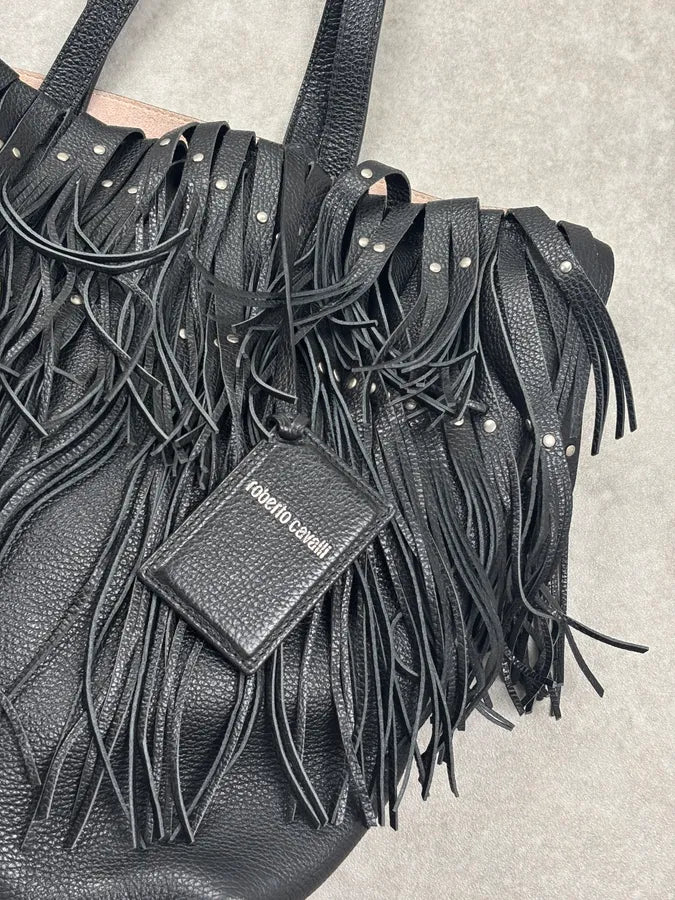 Roberto Cavalli Black Leather Fringe Shoulder Bag Hzazegn 5