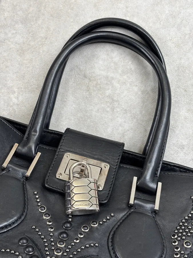 Roberto Cavalli Black Leather Studded Handle Bag xjHToMn 4