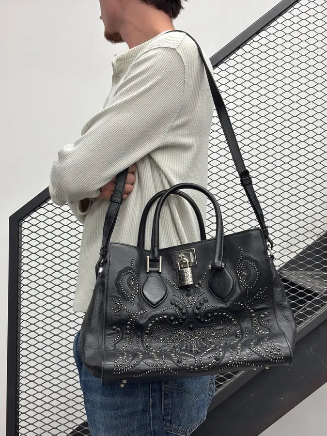 Roberto Cavalli Black Leather Studded Handle Bag xjHToMn 3