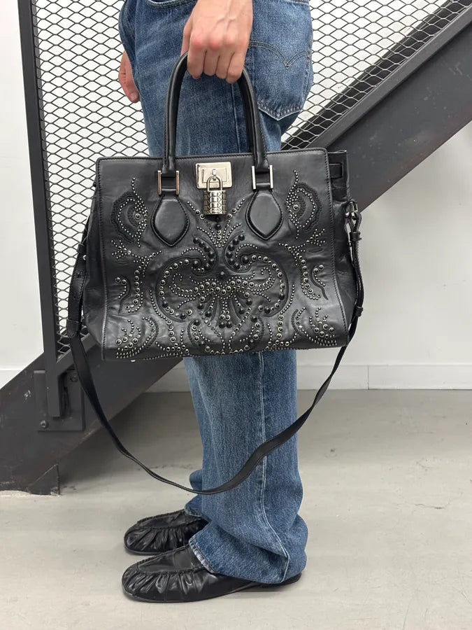 Roberto Cavalli Black Leather Studded Handle Bag xjHToMn 2