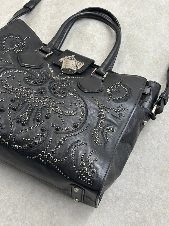 Roberto Cavalli Black Leather Studded Handle Bag xjHToMn 5