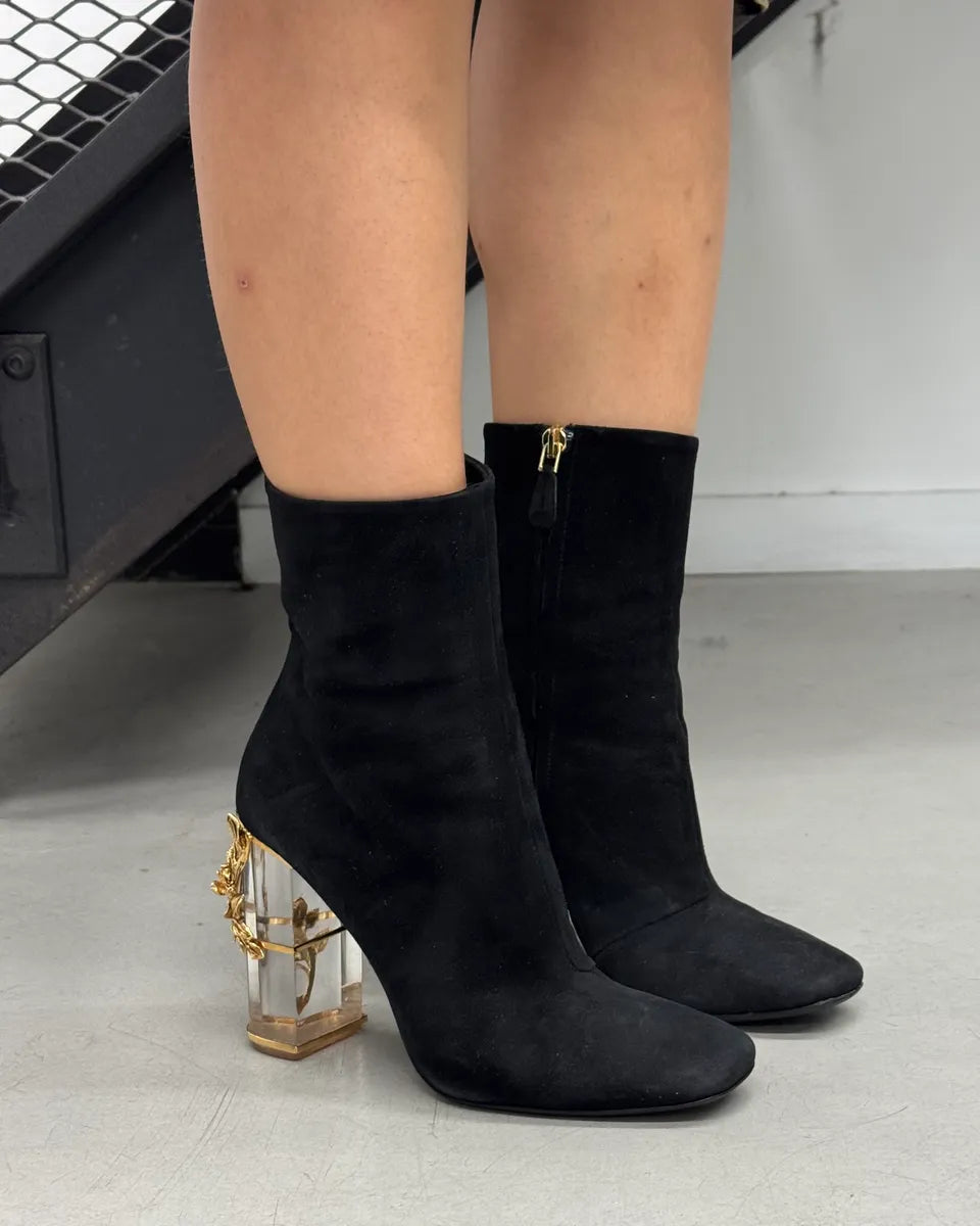 Roberto Cavalli Black Suede Heel Floral Embellished Ankle Boots YPJHZdS 0