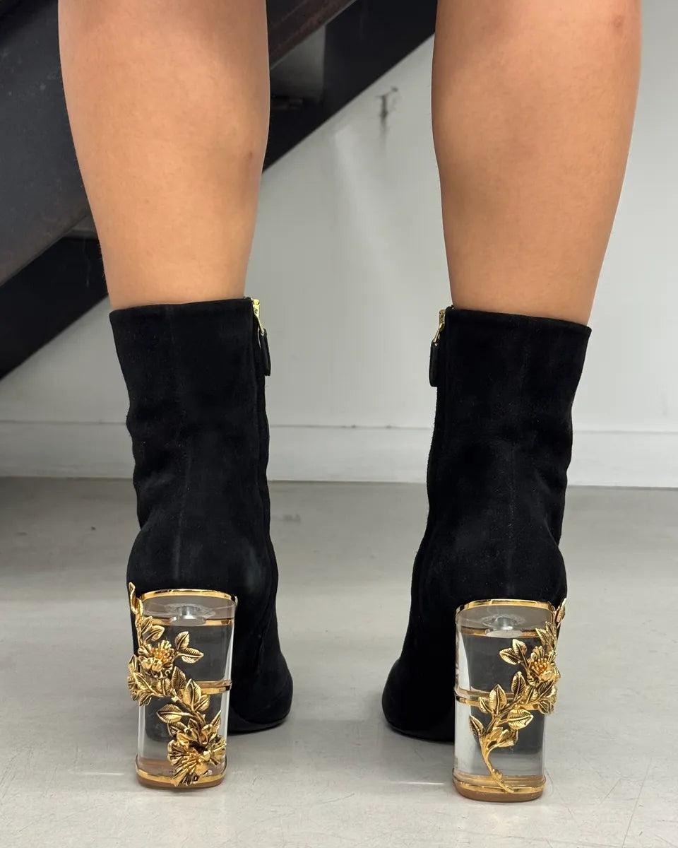 Roberto Cavalli Black Suede Heel Floral Embellished Ankle Boots YPJHZdS 1