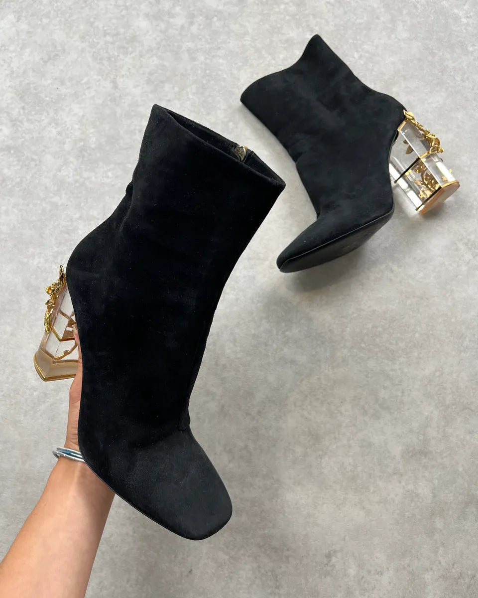 Roberto Cavalli Black Suede Heel Floral Embellished Ankle Boots YPJHZdS 2