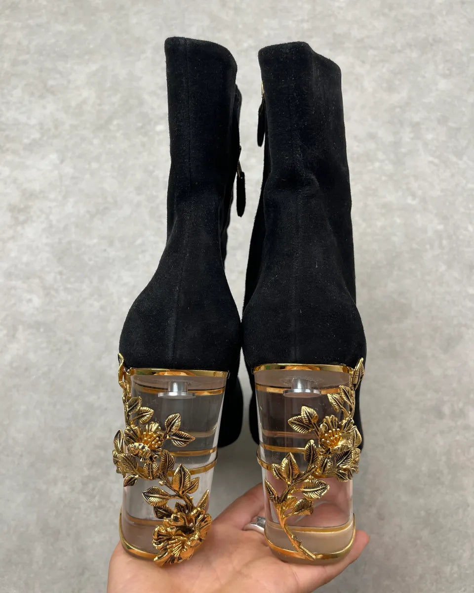 Roberto Cavalli Black Suede Heel Floral Embellished Ankle Boots YPJHZdS 5