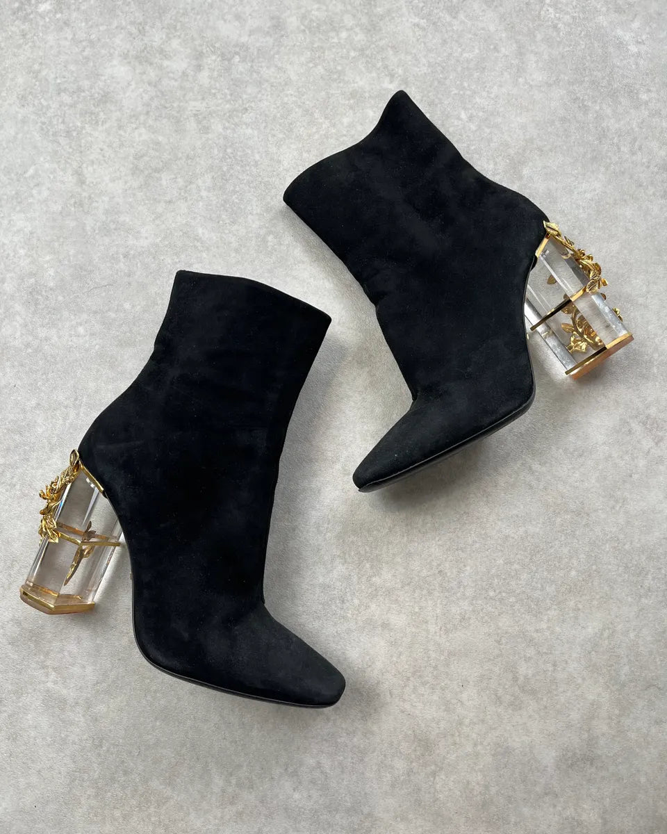 Roberto Cavalli Black Suede Heel Floral Embellished Ankle Boots YPJHZdS 6
