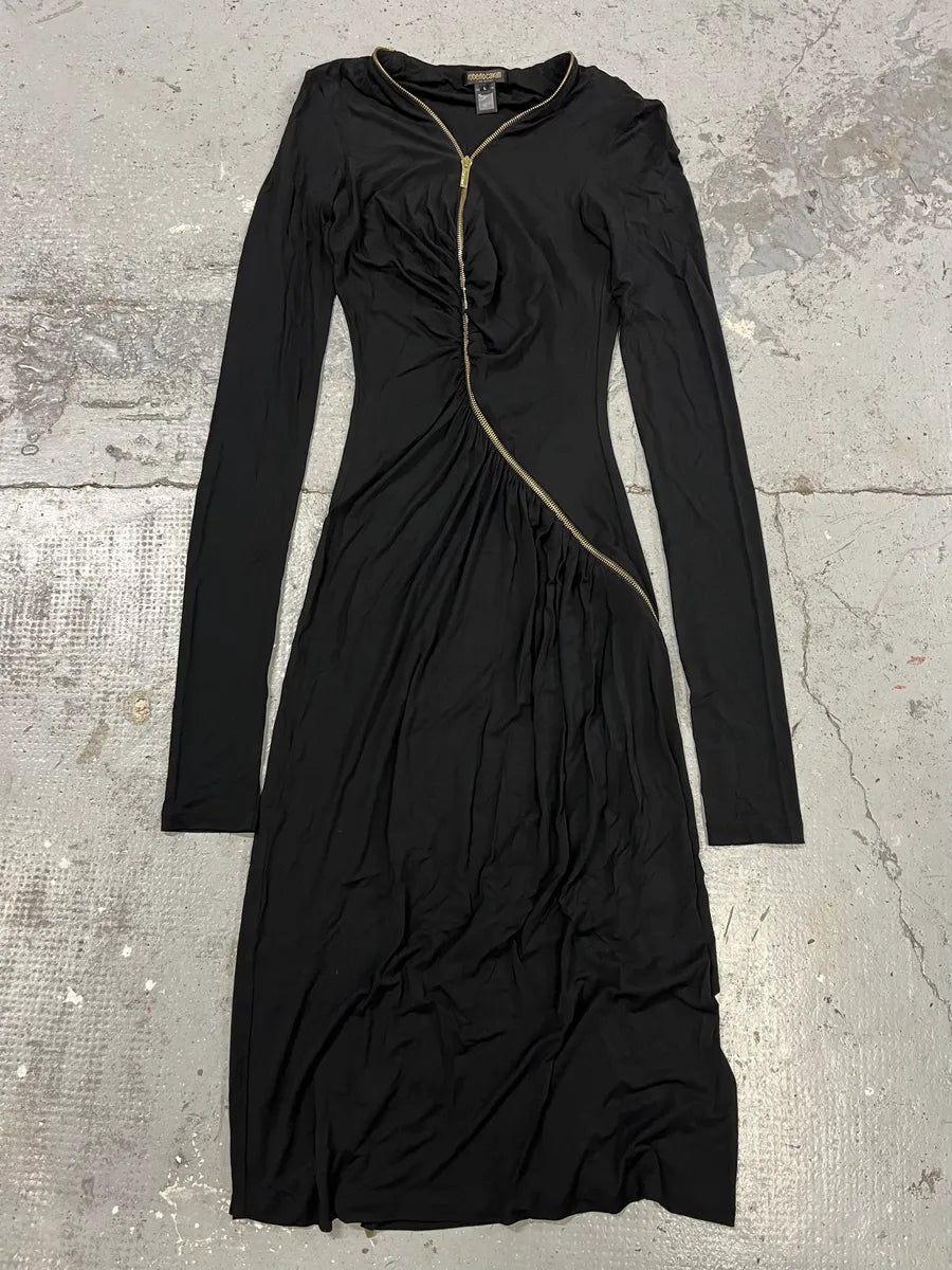 Roberto Cavalli Black Tornado Golden Zip Dress (L) DhfgSnW 0