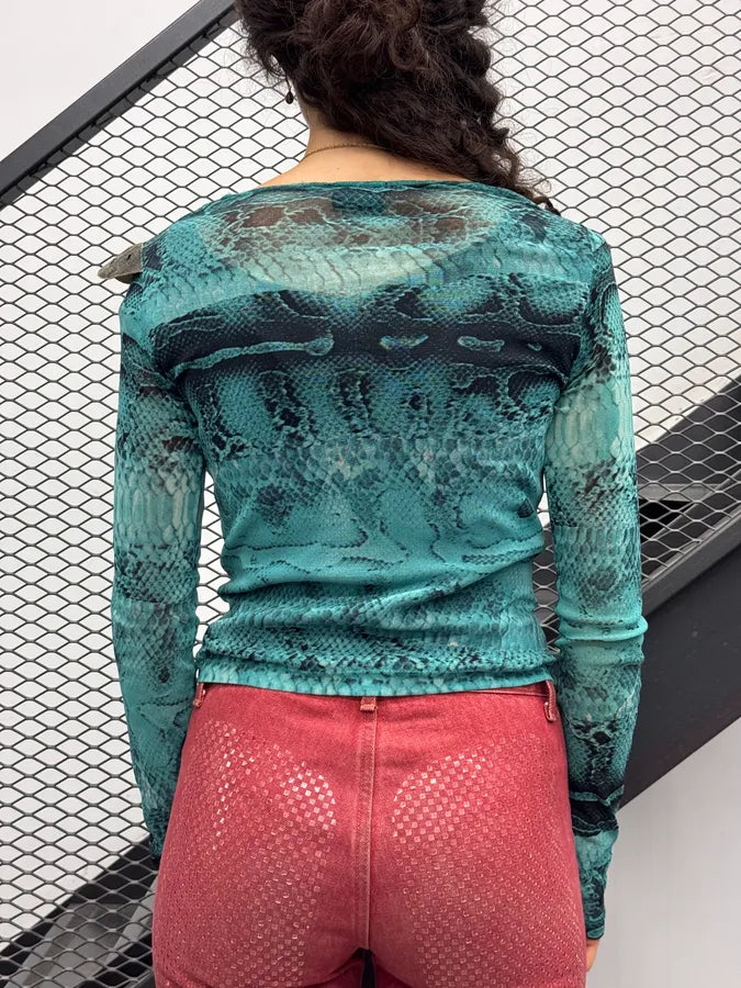 2000s Cavalli Blue Snakeskin Print Mesh Transparent Top FjudWAW 3