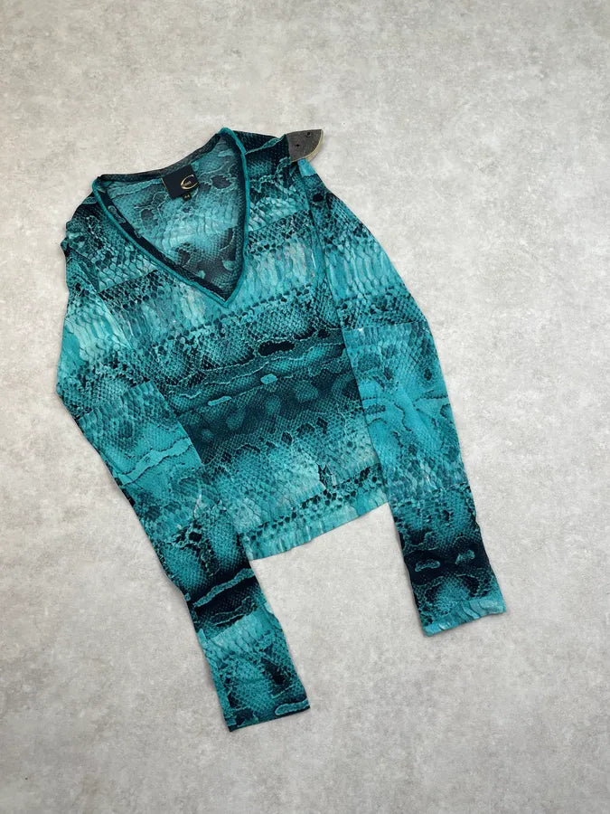 2000s Cavalli Blue Snakeskin Print Mesh Transparent Top FjudWAW 4