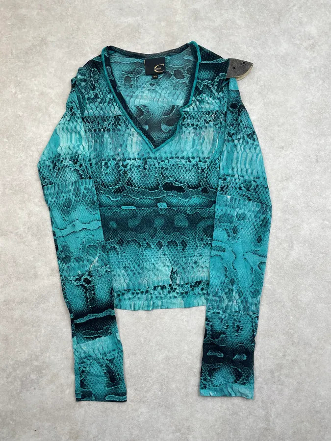 2000s Cavalli Blue Snakeskin Print Mesh Transparent Top FjudWAW 0