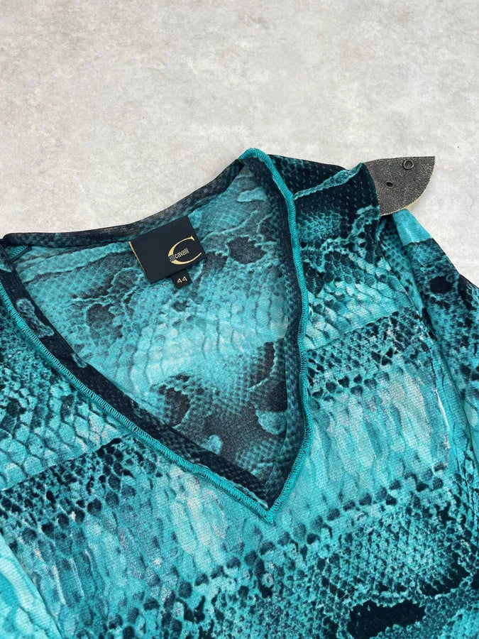 2000s Cavalli Blue Snakeskin Print Mesh Transparent Top FjudWAW 7