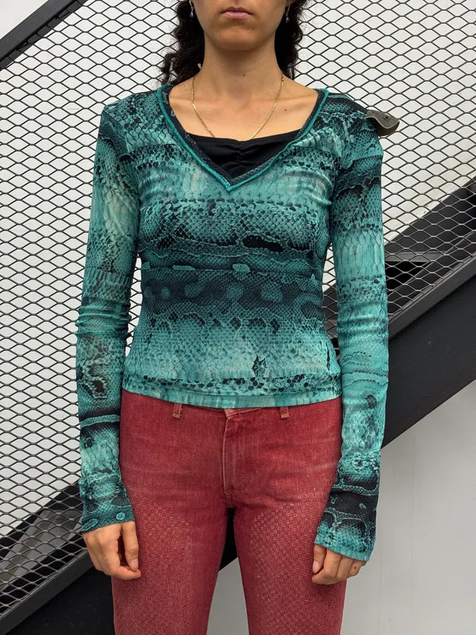 2000s Cavalli Blue Snakeskin Print Mesh Transparent Top FjudWAW 2