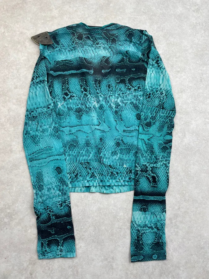 2000s Cavalli Blue Snakeskin Print Mesh Transparent Top FjudWAW 1