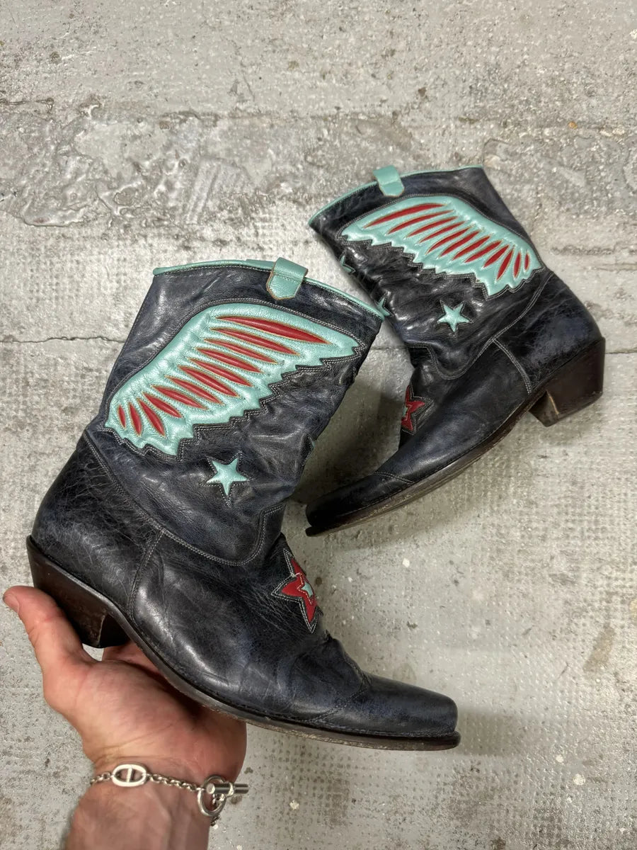 Roberto Cavalli Blue Aviator Wings Leather Santiags Boots UkQeCsC 0