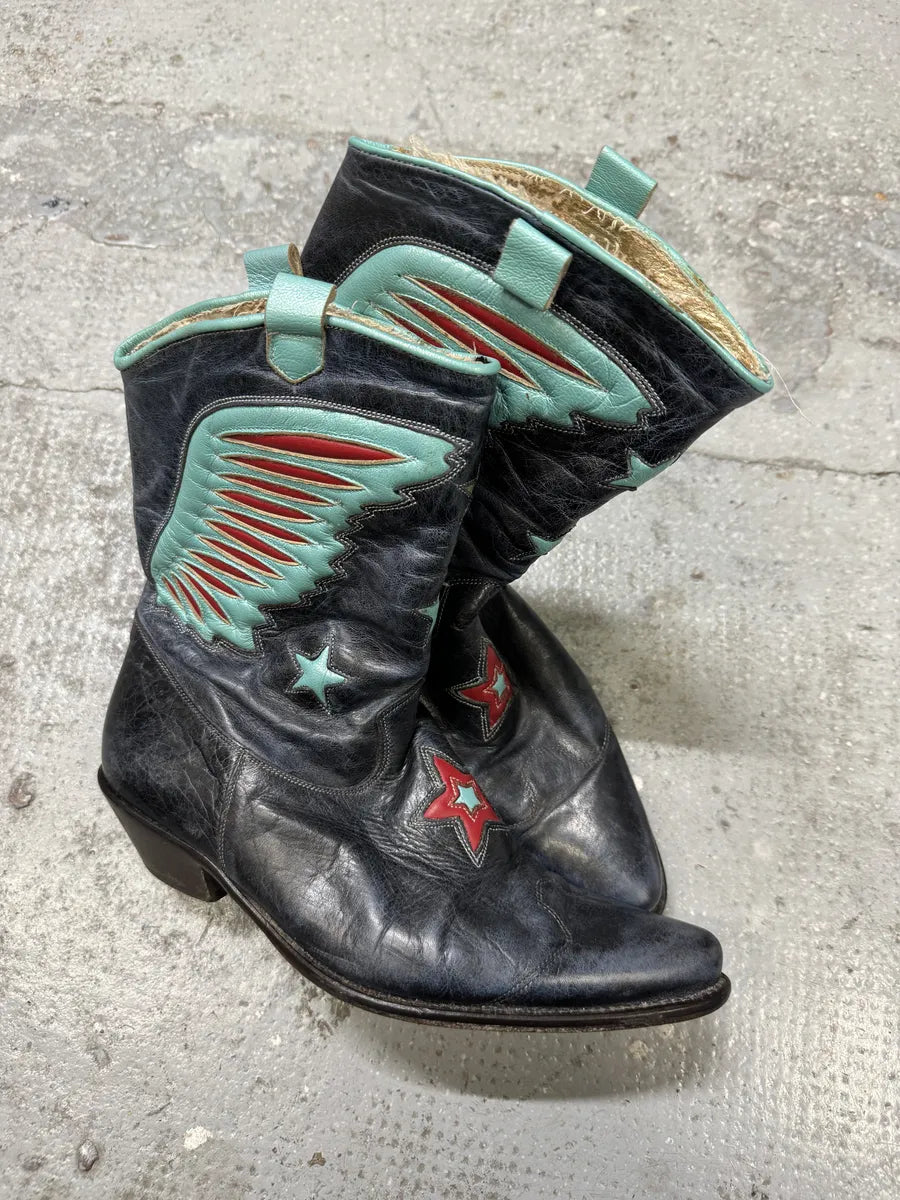 Roberto Cavalli Blue Aviator Wings Leather Santiags Boots UkQeCsC 1