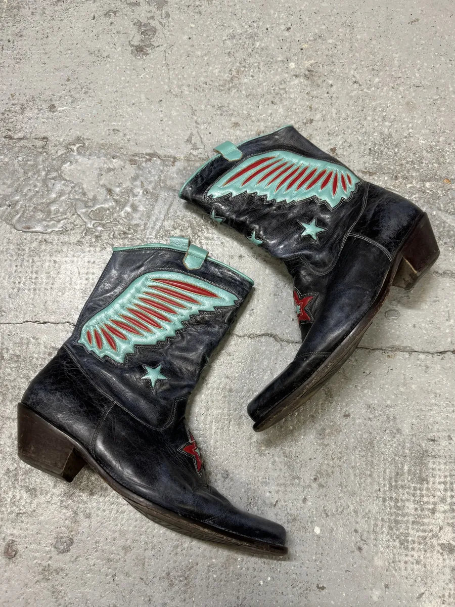 Roberto Cavalli Blue Aviator Wings Leather Santiags Boots UkQeCsC 2