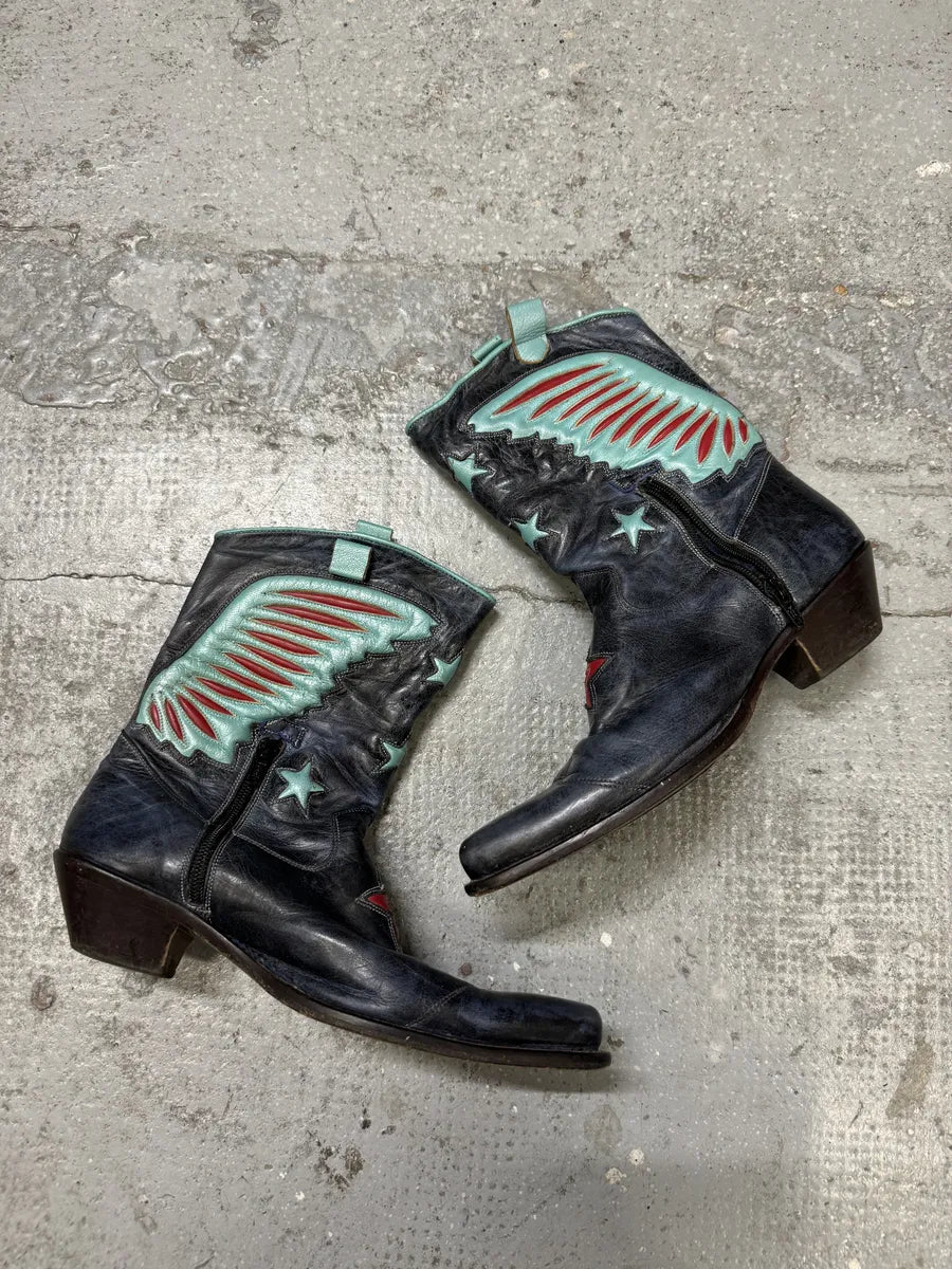 Roberto Cavalli Blue Aviator Wings Leather Santiags Boots UkQeCsC 3