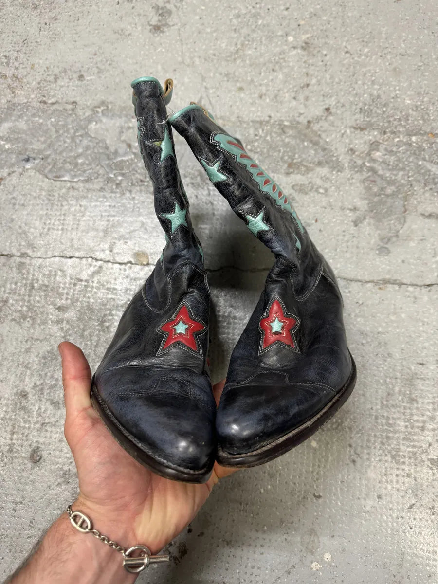 Roberto Cavalli Blue Aviator Wings Leather Santiags Boots UkQeCsC 4