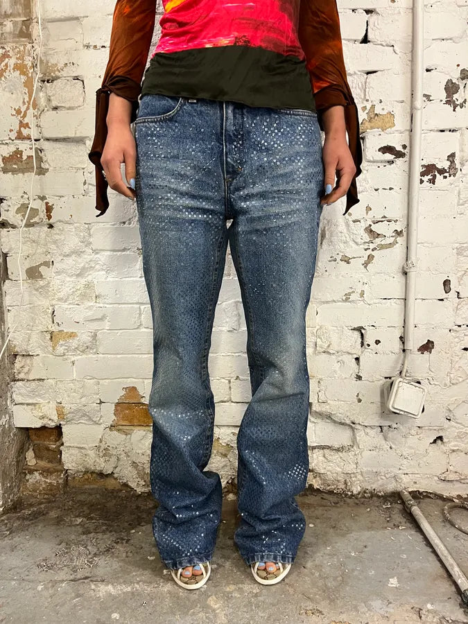 2000s Roberto Cavalli Blue Denim Sequin Flared Jeans yeyBibM 0