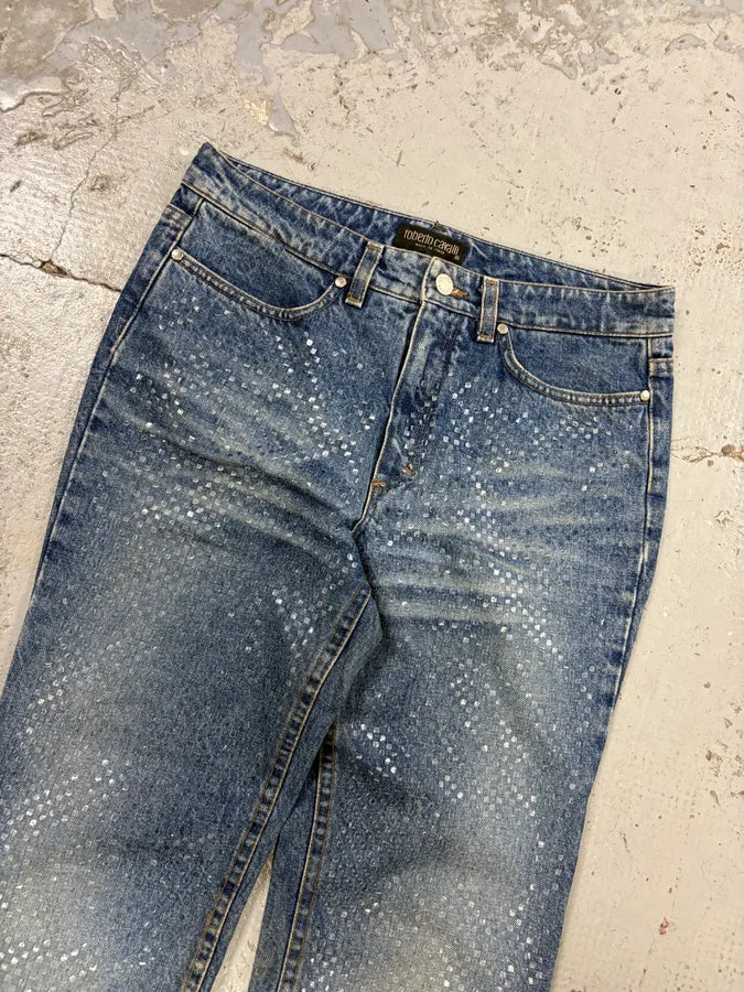 2000s Roberto Cavalli Blue Denim Sequin Flared Jeans yeyBibM 4
