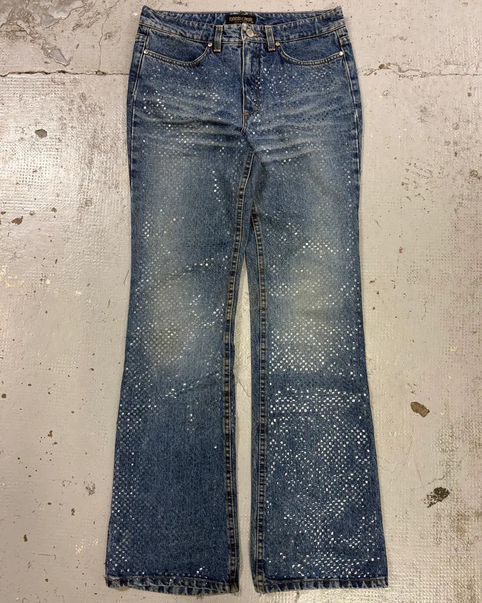 2000s Roberto Cavalli Blue Denim Sequin Flared Jeans yeyBibM 3