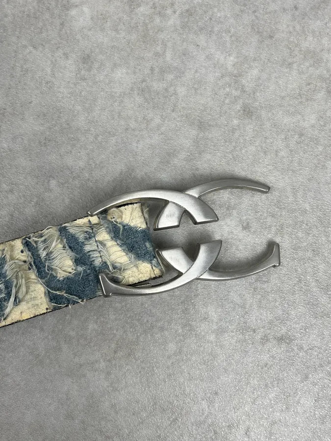 Cavalli Blue Distressed Denim & Leather Logo Belt yTHxwWv 4