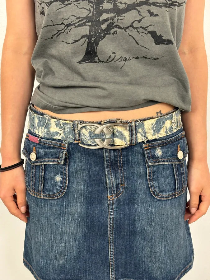 Cavalli Blue Distressed Denim & Leather Logo Belt yTHxwWv 0