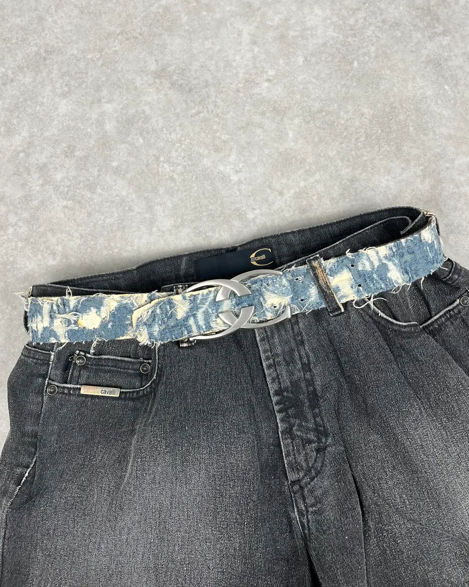 Cavalli Blue Distressed Denim & Leather Logo Belt yTHxwWv 1
