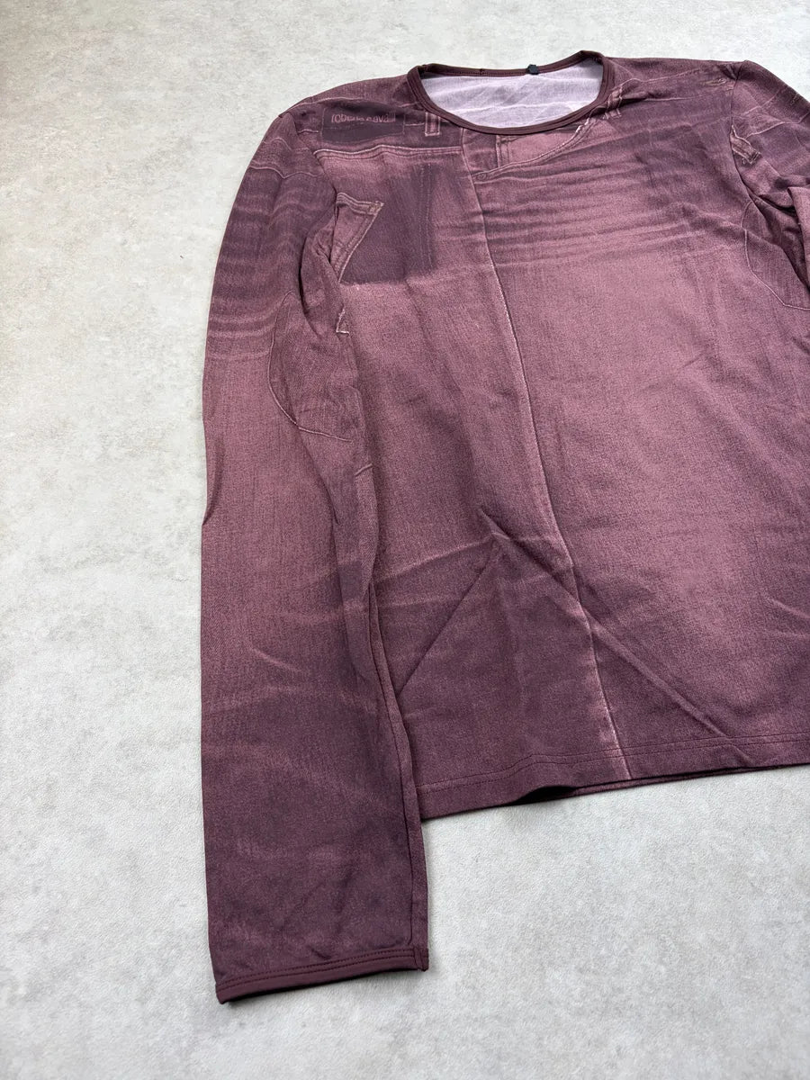 2000s Cavalli Bordeaux Denim Trompe LOeil Washed Longsleeve NfCJuqA 3