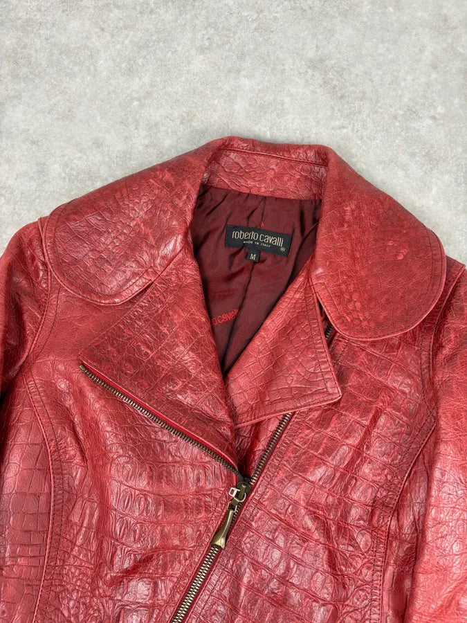 AW2000 Roberto Cavalli Bordeaux Leather Crocodile Embossed Leather Jacket QwjnUzi 3
