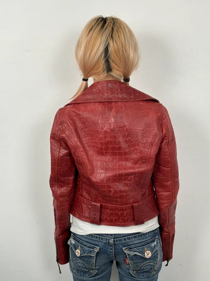 AW2000 Roberto Cavalli Bordeaux Leather Crocodile Embossed Leather Jacket QwjnUzi 2