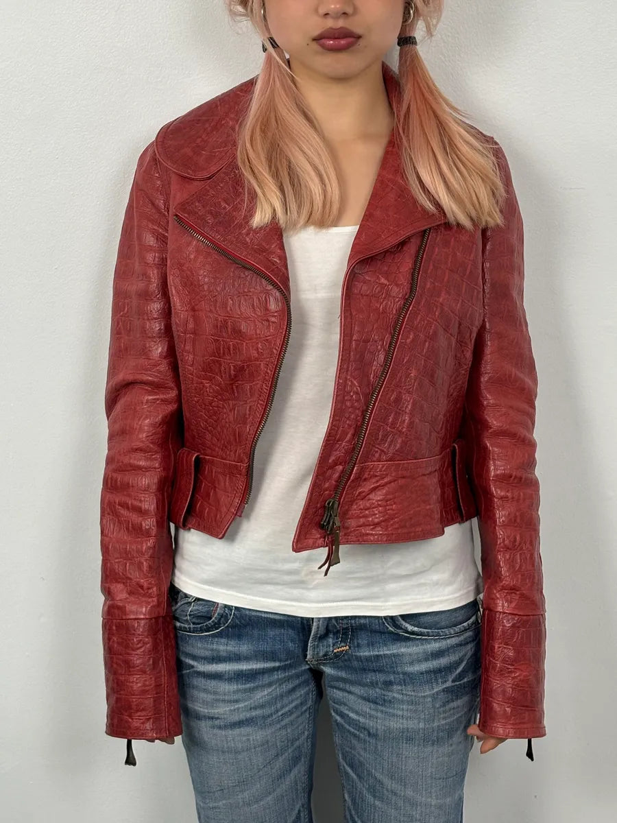 AW2000 Roberto Cavalli Bordeaux Leather Crocodile Embossed Leather Jacket QwjnUzi 1