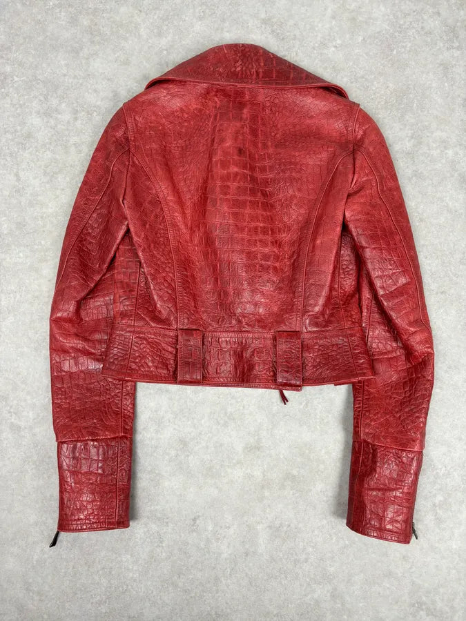 AW2000 Roberto Cavalli Bordeaux Leather Crocodile Embossed Leather Jacket QwjnUzi 4