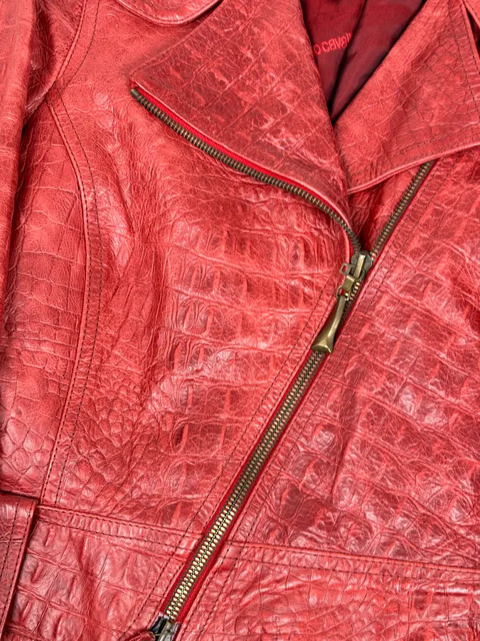 AW2000 Roberto Cavalli Bordeaux Leather Crocodile Embossed Leather Jacket QwjnUzi 7