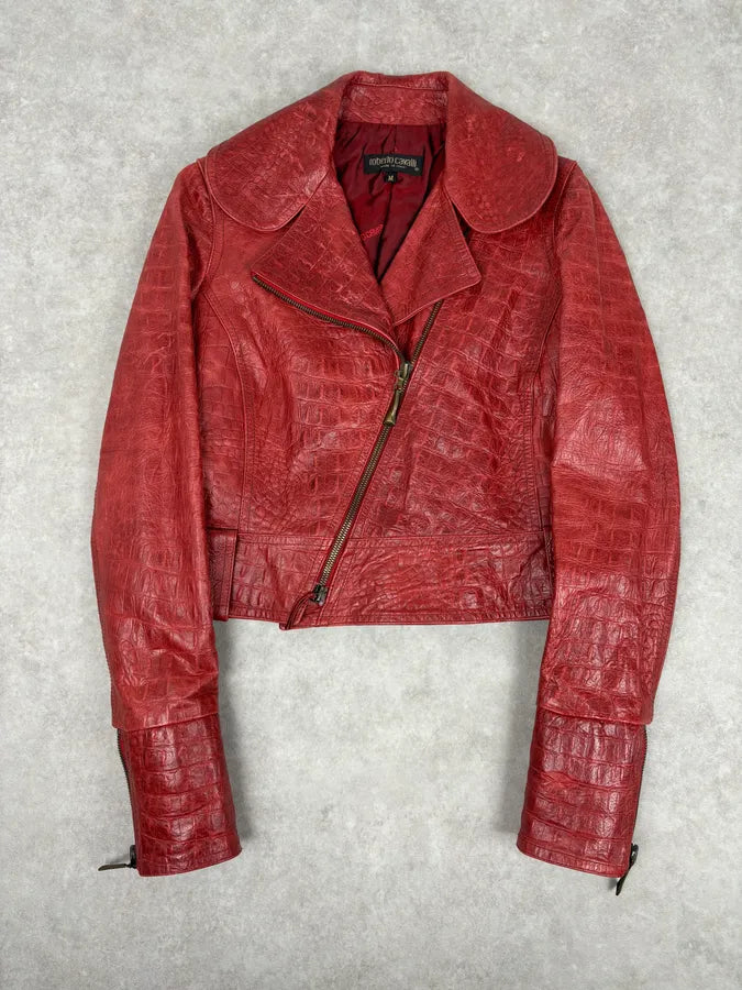 AW2000 Roberto Cavalli Bordeaux Leather Crocodile Embossed Leather Jacket QwjnUzi 0