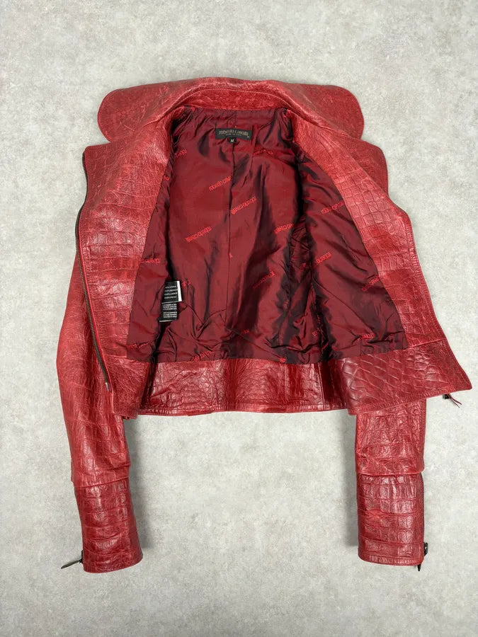 AW2000 Roberto Cavalli Bordeaux Leather Crocodile Embossed Leather Jacket QwjnUzi 6