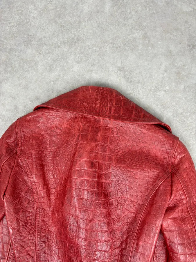 AW2000 Roberto Cavalli Bordeaux Leather Crocodile Embossed Leather Jacket QwjnUzi 5
