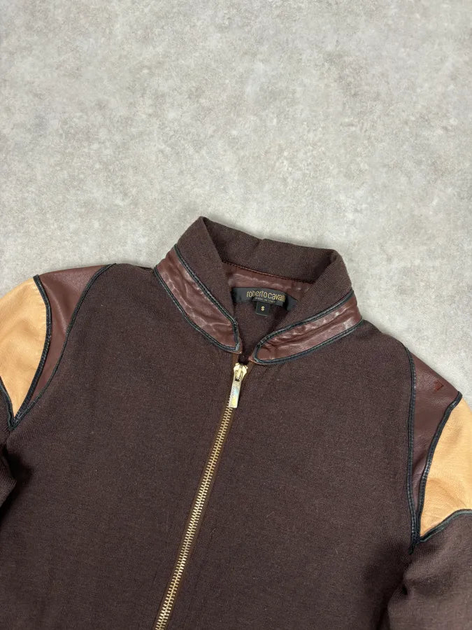 AW2003 Roberto Cavalli Brown & Beige Hybrid Leather Zip-up Jacket xBRrzWw 3