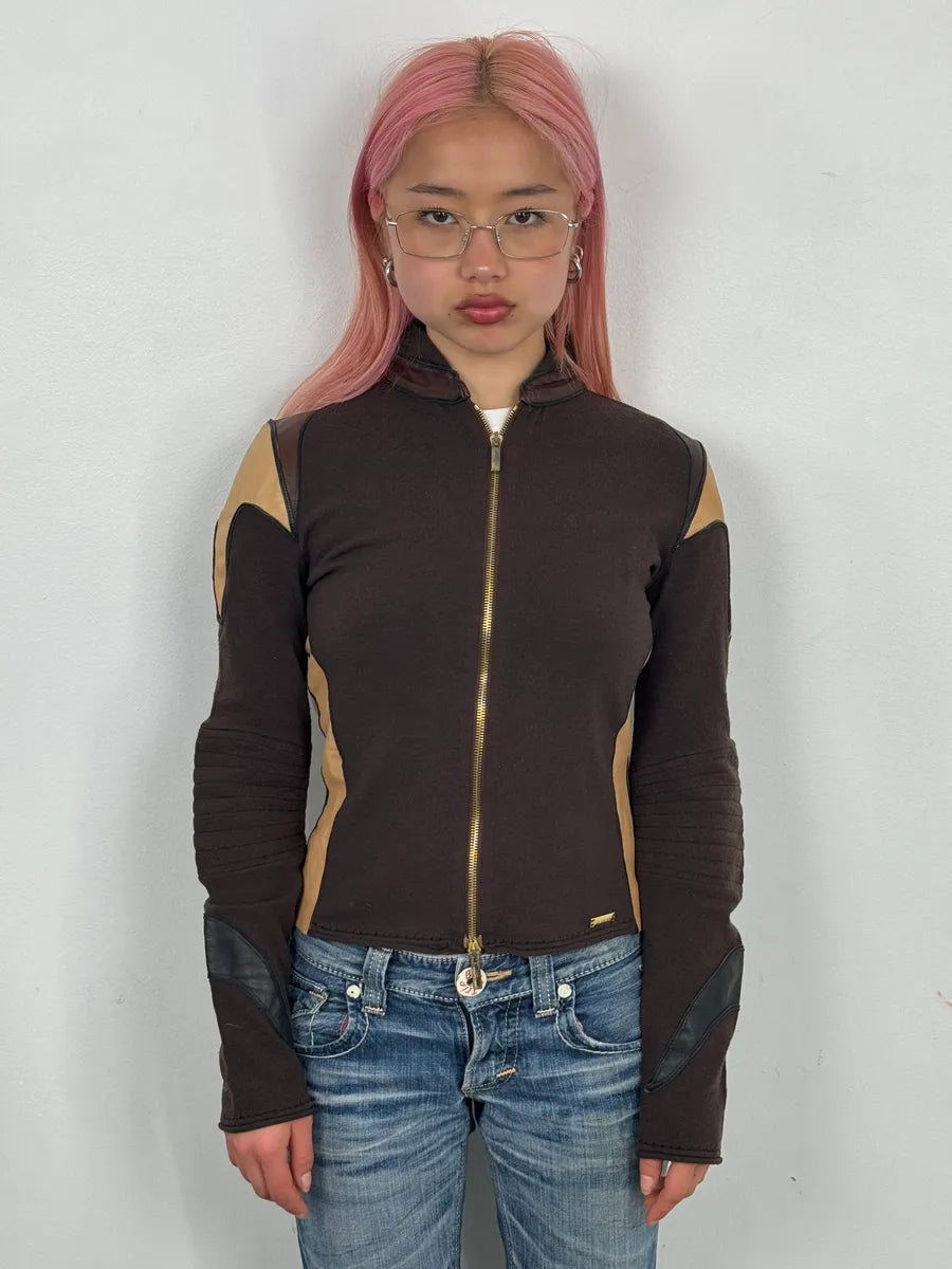 AW2003 Roberto Cavalli Brown & Beige Hybrid Leather Zip-up Jacket xBRrzWw 1