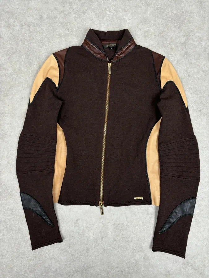 AW2003 Roberto Cavalli Brown & Beige Hybrid Leather Zip-up Jacket xBRrzWw 0