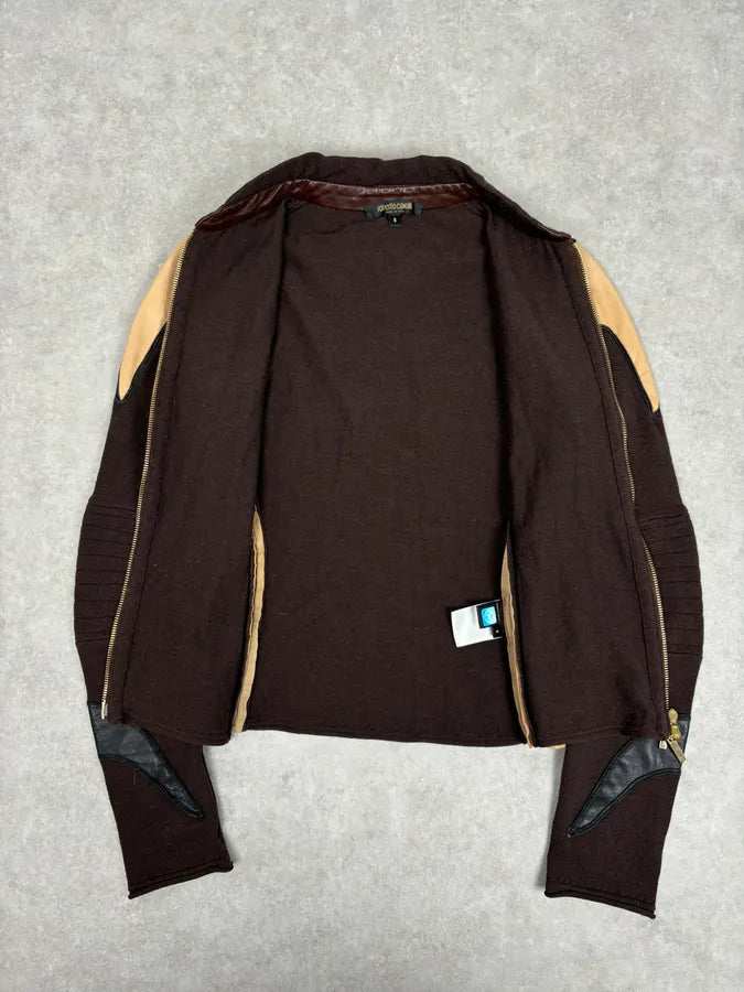 AW2003 Roberto Cavalli Brown & Beige Hybrid Leather Zip-up Jacket xBRrzWw 6
