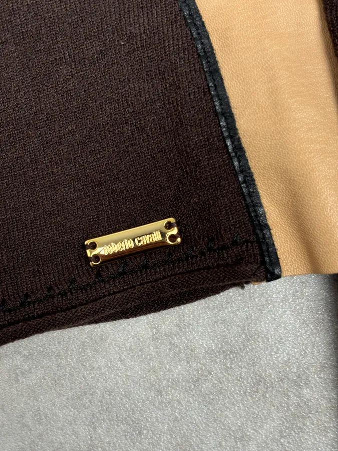 AW2003 Roberto Cavalli Brown & Beige Hybrid Leather Zip-up Jacket xBRrzWw 7