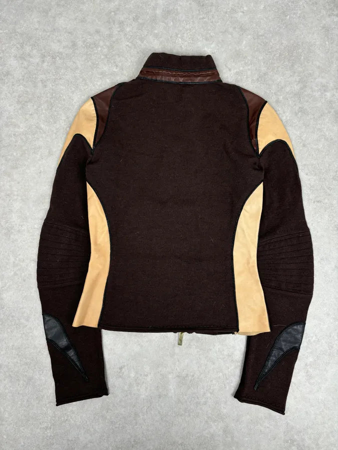 AW2003 Roberto Cavalli Brown & Beige Hybrid Leather Zip-up Jacket xBRrzWw 4
