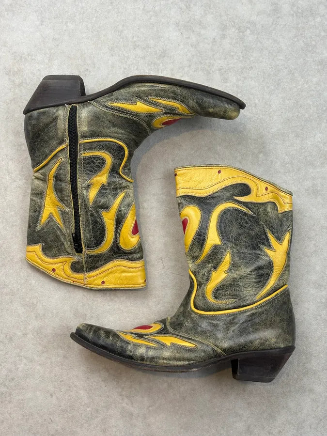 Roberto Cavalli Grey Leather Embroidered Heart Santiags Western Boots fAUkRNi 3