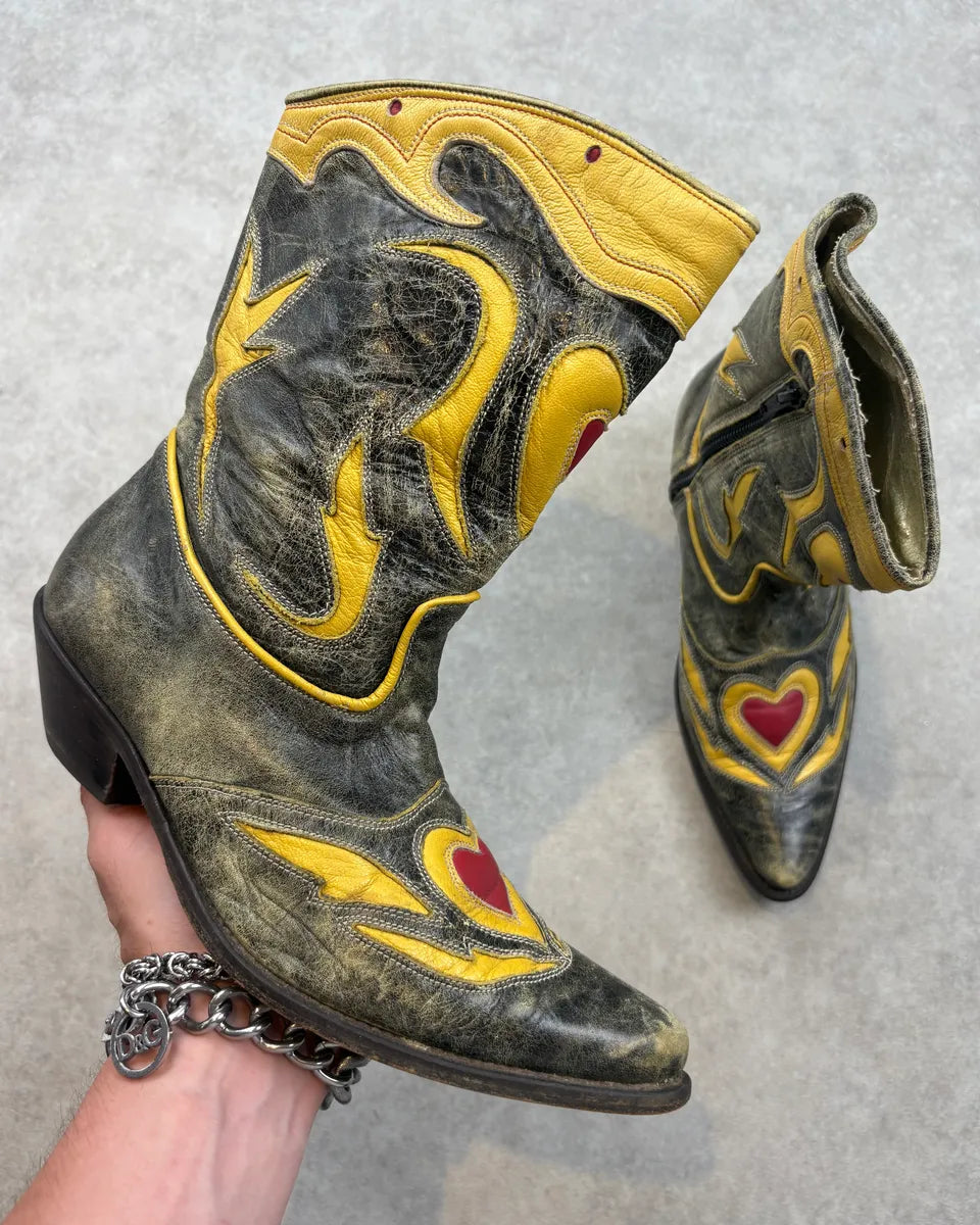 Roberto Cavalli Grey Leather Embroidered Heart Santiags Western Boots fAUkRNi 0