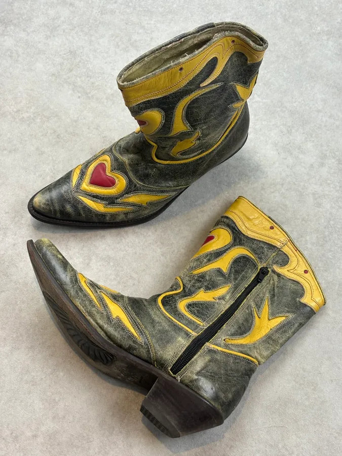 Roberto Cavalli Grey Leather Embroidered Heart Santiags Western Boots fAUkRNi 5